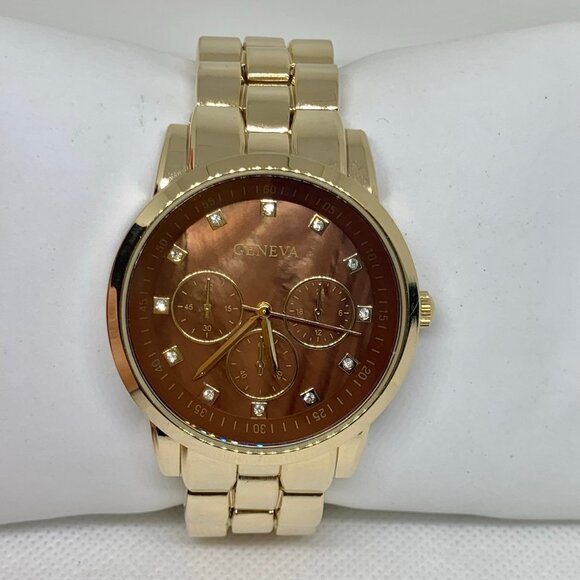 Geneva men gold tone watch brown mop dial 40mm round quartz size 7.5” running - Picture 1 of 8